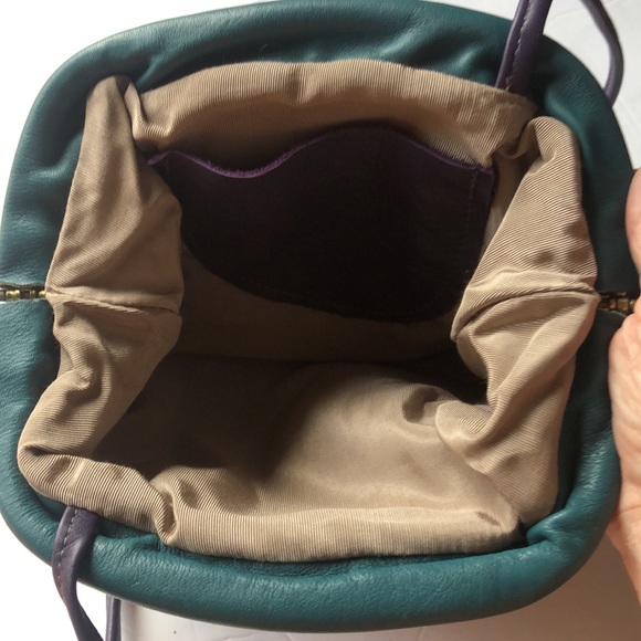 Crossbody multicolored leather purse. Plum color with purple strap, snap closing - Picture 3 of 4